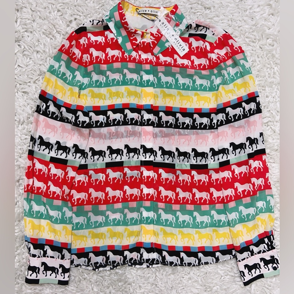 NWT Alice + Olivia Willa Horse Print Long Sleeve Silk Button-Up Shirt Blouse - Picture 6 of 9